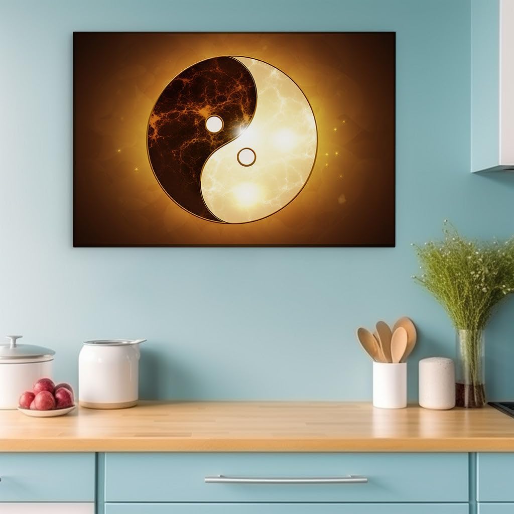 Canvas for Living room. Harmony Envisioned: Yin and Yang Amidst a Golden Cosmos, 27 x 18 inch Canvas Wall Art - Contemporary Masterpieces - Modern Home Decor