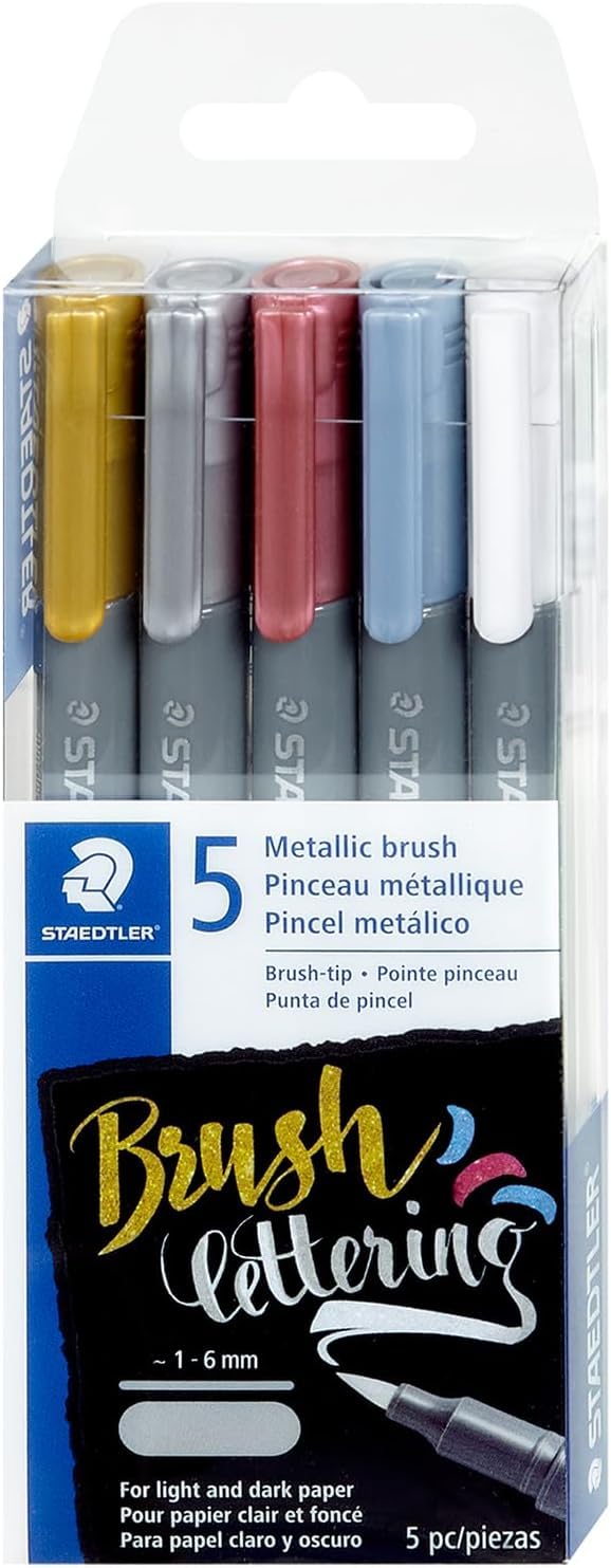 Metallic Brush Pens, 5ct, 1-6mm Brush Tip, Assorted Colors, Opaque Ink that Writes on Lig…