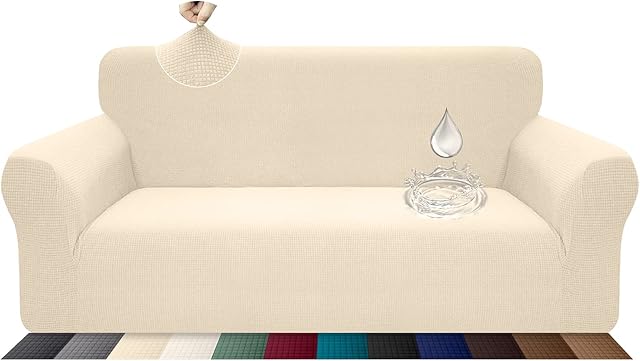 Luxurlife 1 Piece Water Repellent Couch Cover for 3 Seater Couch High Stretch Sofa Cover Slipcover Non Slip Furniture Protector with Elastic Bottom for Kids Pets(3 Seater,Beige)