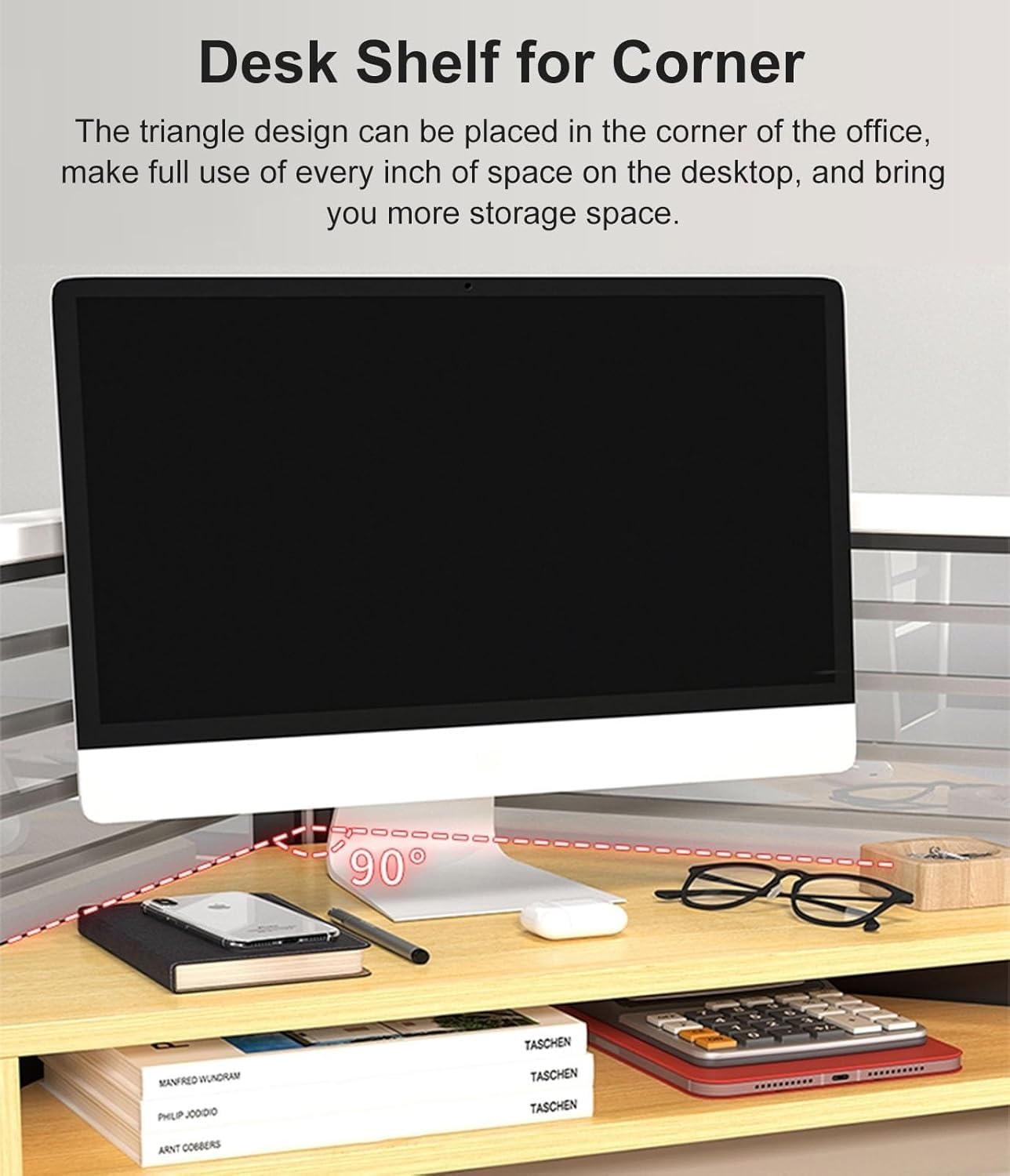 Ripiani portaoggetti da scrivania con supporto for monitor angolare portabicchieri, rialzo for computer salvaspazio, set organizer di grandi dimensioni a 2 livelli for l'home office