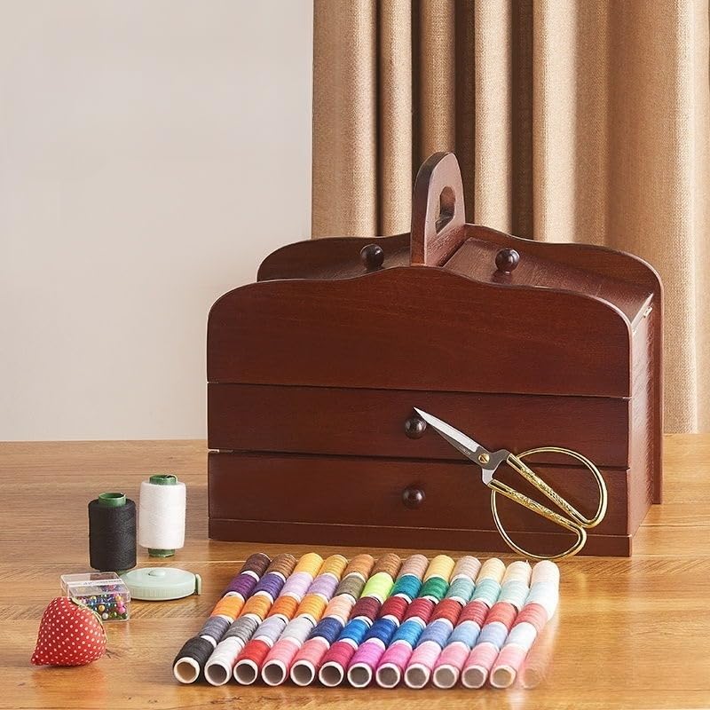 Costurero de Madera con Compartimentos, 30 x 18 x 17,5 cm, portátil, con Acabado de Madera, Ideal para organizar Manualidades y sastrería.