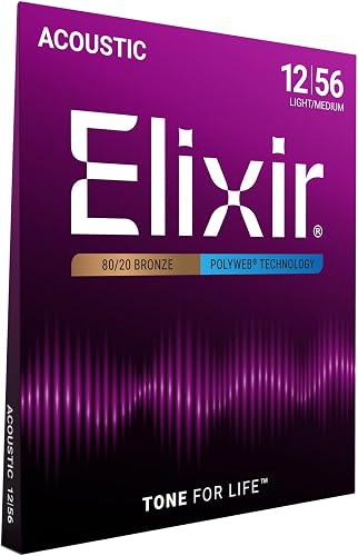 Elixir Strings, Acoustic Guitar Strings, 80/20 Bronze with POLYWEB Technology, Longest-Lasting Warm Tone with Comfortable Feel, 6 String Set, Light/Medium 12-56
