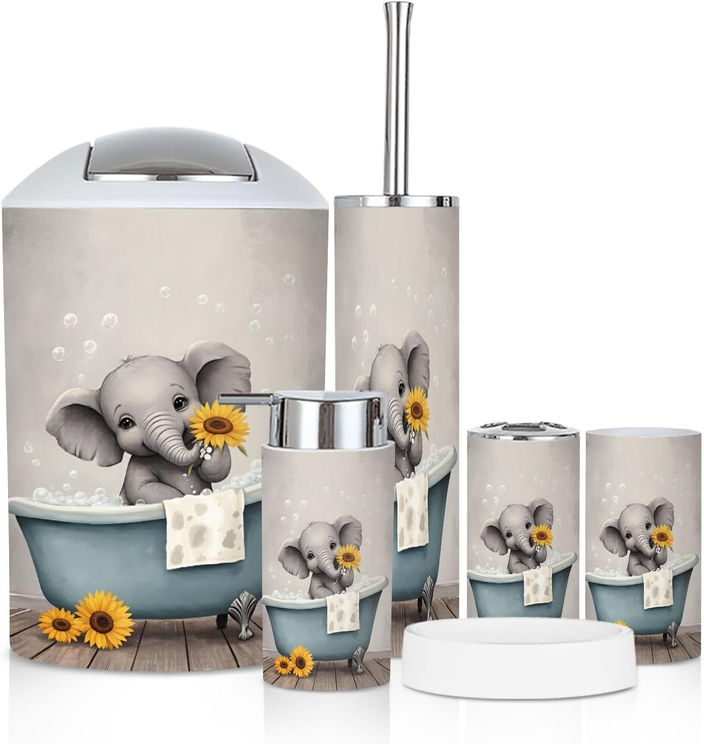 Bathroom Accessory Set 6 Piece Cute Funny Animal Toilet Grey Elephant Sunflower Bathtub Bubbles Trash can, Toothbrush Holder, Soap Dispenser, Soap Dish, Toothbrush Cup, Toilet Brush Holder