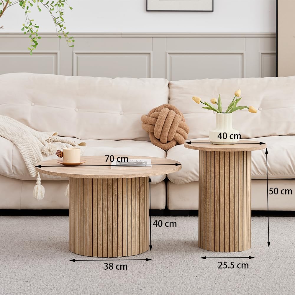 GrandCA HOME - Set di 2 Tavolini Rotondi da Caffè, Tavolino Rotondo da Divano, Piano in MDF con Base a Doghe in Legno, Ideale per Soggiorno e Ufficio (Venature in Legno Naturale)