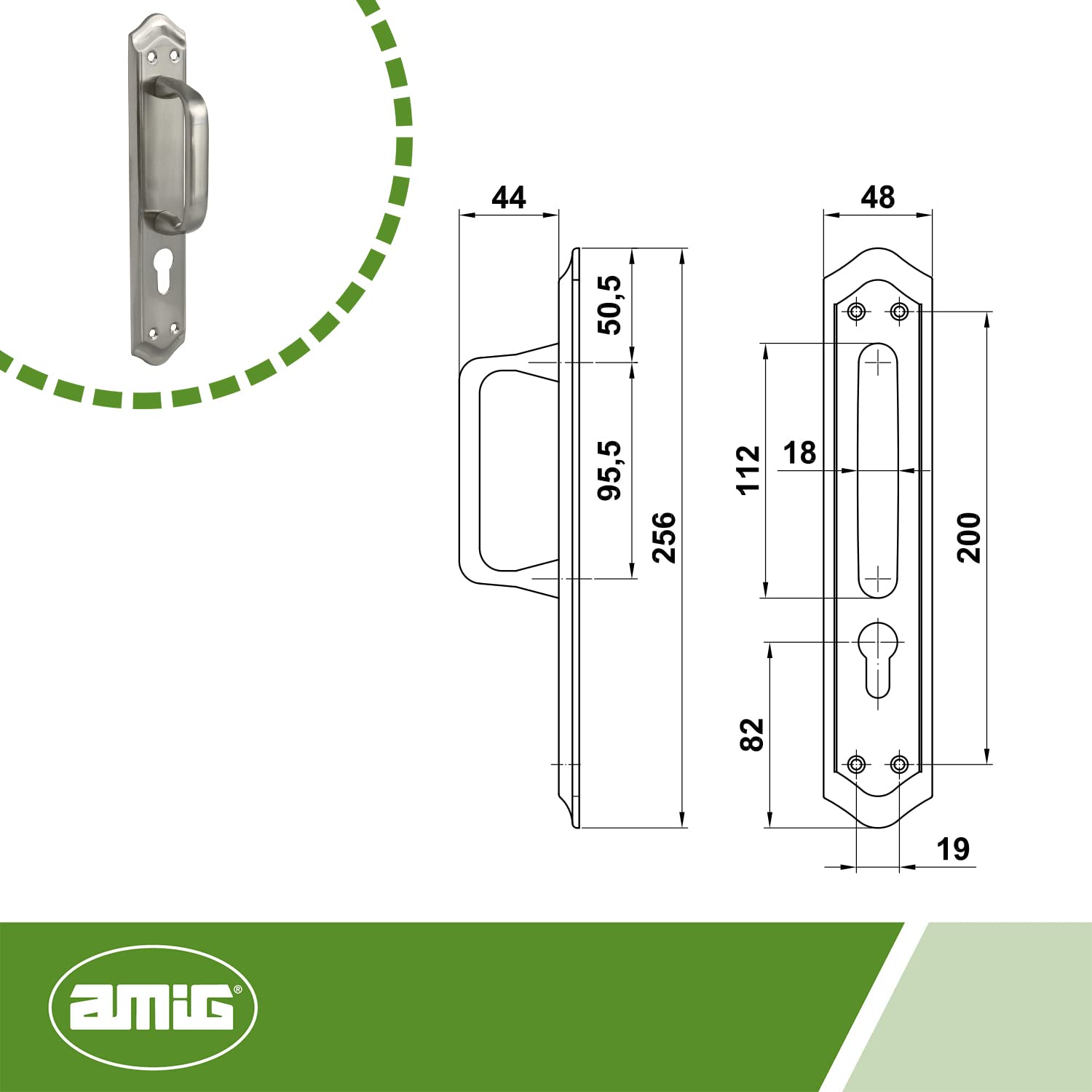 Amig, Handle with Brass Plate for Doors Mod.BETA, 256 x 48 mm, Key: 85 mm, Silver Handle with Matt Chrome Finish - Image 3