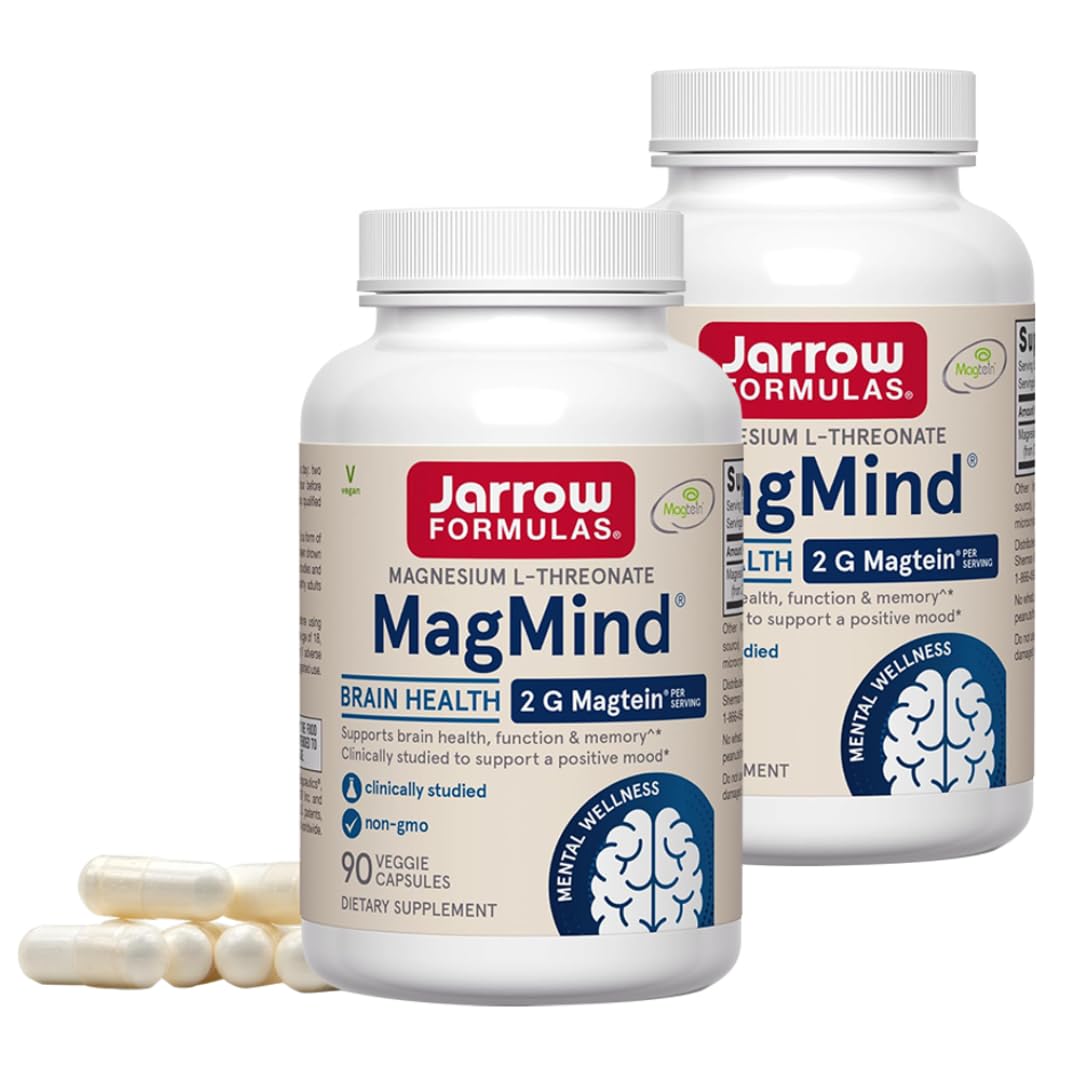 Jarrow Formulas MagMind - 90 Capsules - Includes Magnesium L-Threonate (Magtein) - Supports Brain Health & Function - 30 Servings (Pack of 2) Unflavored 90 Coun