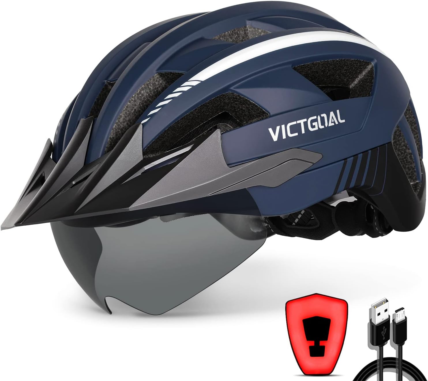 VICTGOAL Bike Helmet with USB Rechargeable Rear Light Detachable Magnetic Goggles Removable Sun Visor Mountain