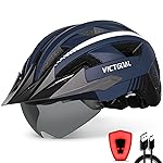 VICTGOAL Bike Helmet with USB Rechargeable Rear Light Detachable Magnetic Goggles Removable Sun Visor Mountain & Road Bicycle Helmets for Men Women Adult Cycling Helmets (XL: 59-63 cm, Navy Blue)