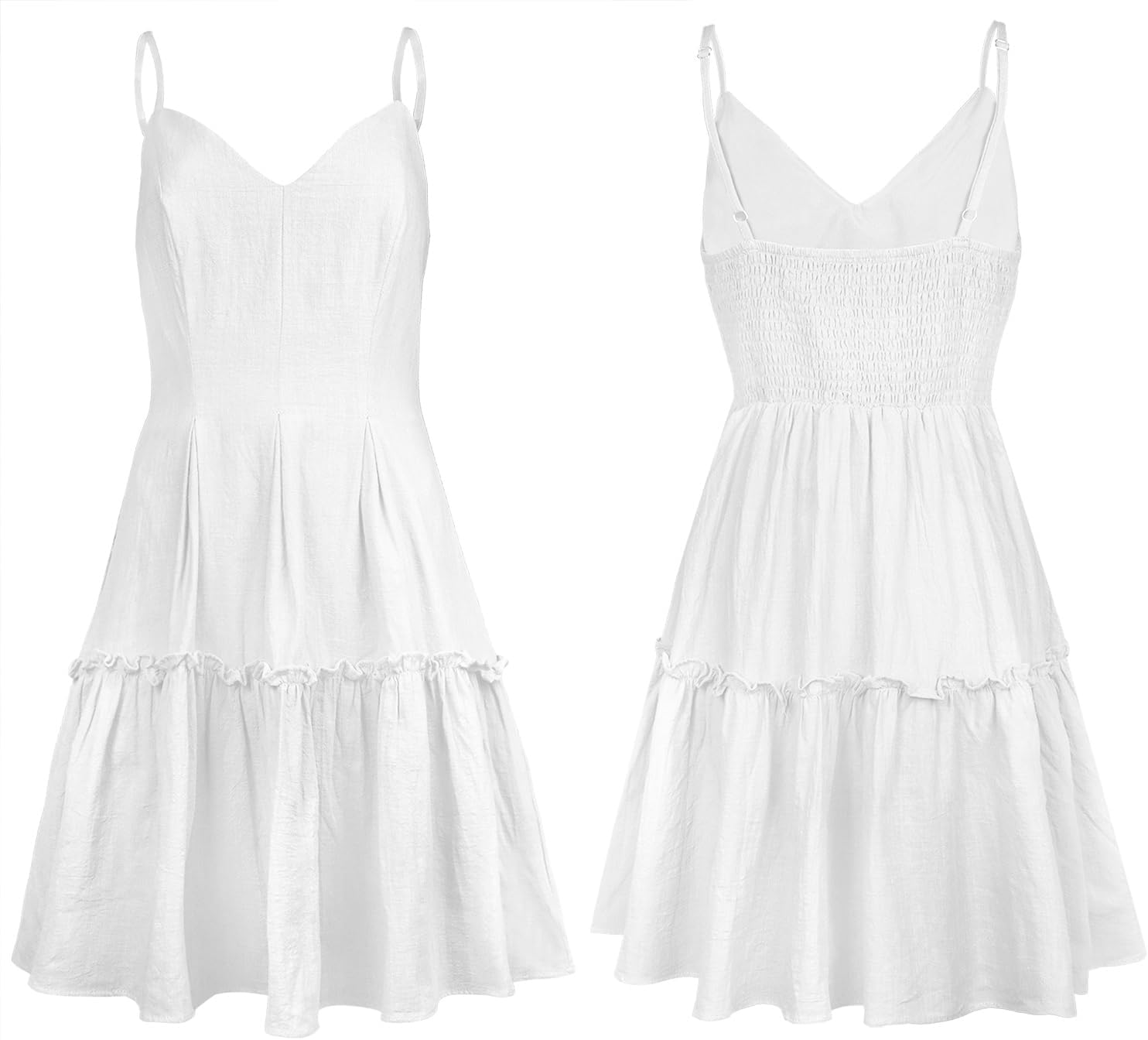 FANCYINN Women's Summer V Neck Casual Swing Short Dress Spaghetti Strap Tiered Backless Dresses with Pockets