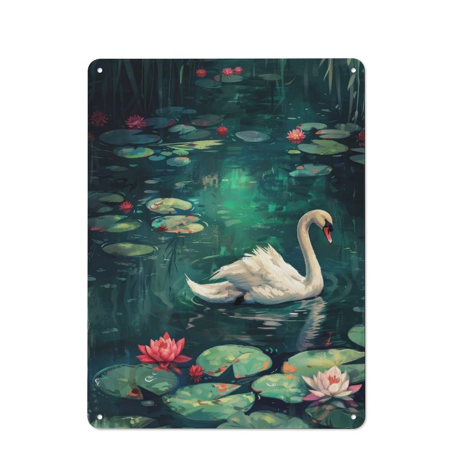 Junmoney Swan In A Lily Pond Simple Retro Tin Sign 40X30cm, Office Wall Decor For Hobby Room, Office, Lounge Or Living Room