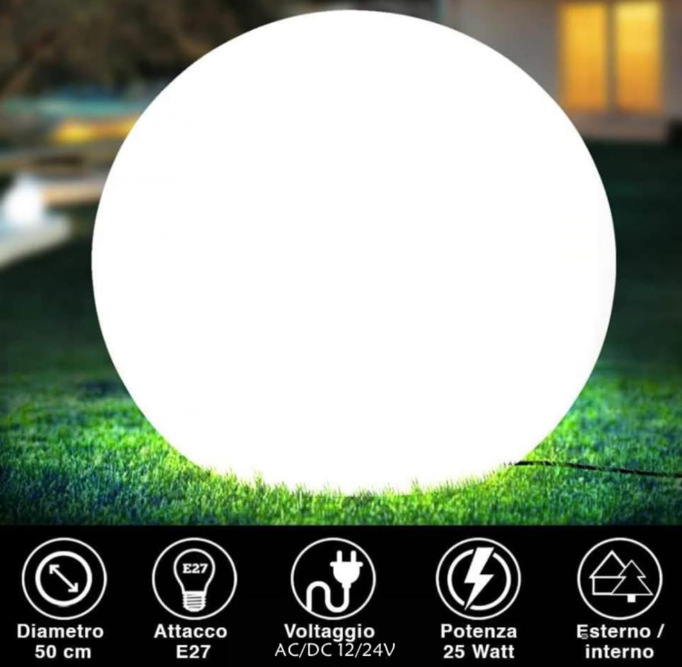 Dopa Dopastore Lampada da Terra con Attacco E27 Ø 30 40 50 CM Design Sfera Bianco con Picchetto IP65 Per Esterni Giardino Prato Terreno (Ø50cm)