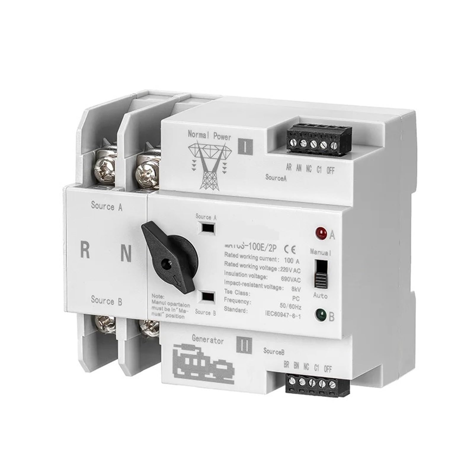 Interruttore di trasferimento automatico a doppia Interruttore di trasferimento automatico a doppia alimentazione 100A 220VAC MATCS-100E 2P Tipo PC