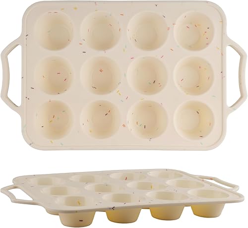 Paquete de 2 moldes de silicona para magdalenas con marco reforzado de metal, 12 tazas de silicona de tamaño regular, moldes de silicona