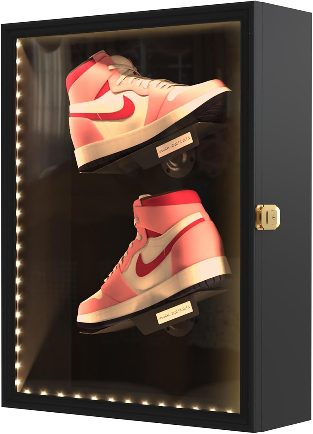 DuvinDD Shoe Display Case with LED Light, Wall Mounted Sneaker Case with 2 Floating Shoe Display Shelves, Clear Shoe Box with Anti-Fade UV Protection Acrylic Door and Lock, 16.5" Wx6 Dx21.5 H