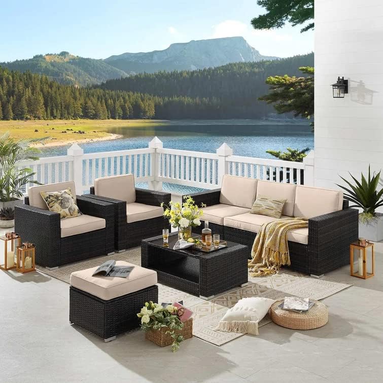 - DEVOKO Outdoor 5 Piece HDPE Wicker Conversation Sofa Set with All Weather Water-Resistant Cushions, Glass Top Table & Ottoman for Garden, Poolside, Backyard(Dark Brown & Cream)