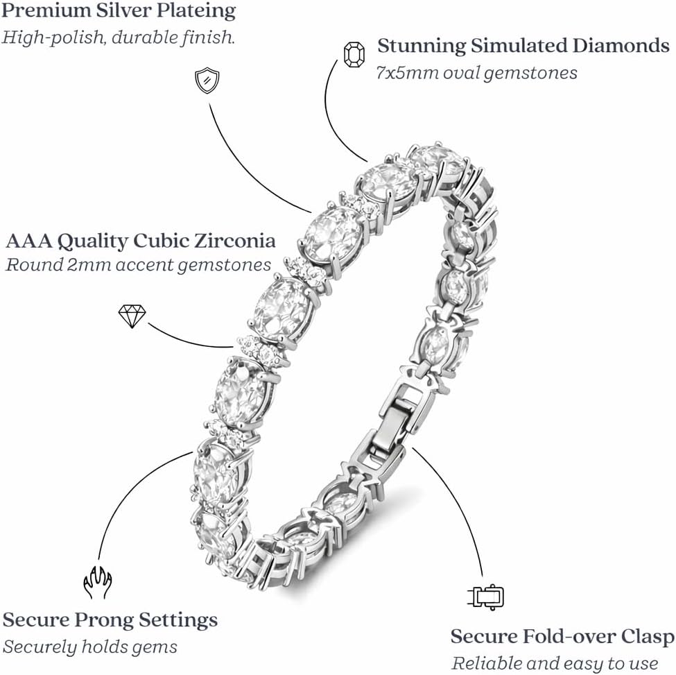 KEZEF Tennis Bracelets For Women - Cubic Zirconia - Oval 7x5mm Gemstones - Round 2.50mm White CZ - Silver Plated Brass - 7 Inch - Multiple Colors Hypoallergenic Bracelets - Image 4