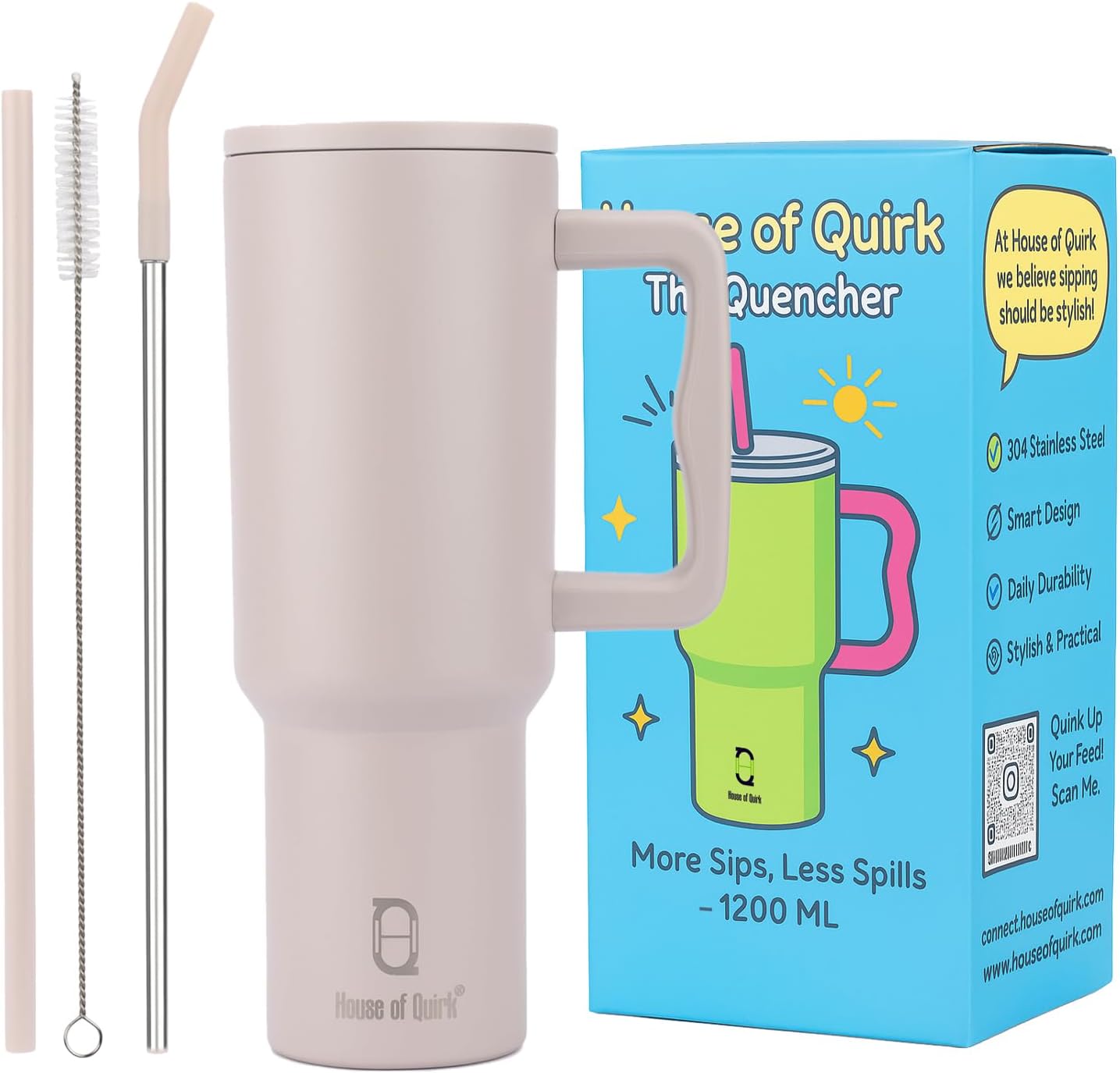 House of Quirk 1200ML Stainless Steel Tumbler with Handle & Lid, 2 Straws – Large Travel Mug Water Cup for Gym, Office & Outdoor Use (Oatmeal)