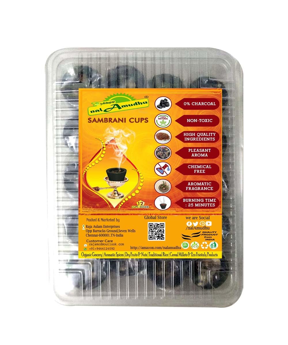 nalAmudhuPremium Sambrani Dhoop Cup, Black | Long Lasting Aroma for Prayer, Puja, and Meditation | Laden Loban Incense for Relaxation and Stress Relief | 12 Cups