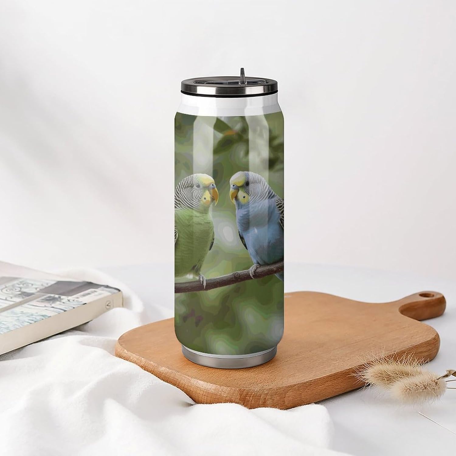 Stainless Steel Cups Blue And Green Parakeets Printed Coke Cup Stainless Steel Insulated Cups with Lid And Straw