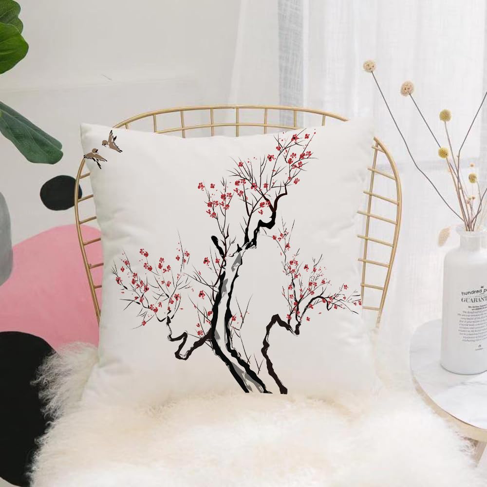 HYOSXW Cushion Cover,Throw Pillow Case Home Decorative for Living Room Bedroom Sofa Chair 16X16 Inch,Japanese,Classic Asian Painting Style Artwork of Flower Branches Blossom and Fl,Pillowcase 40X40cm