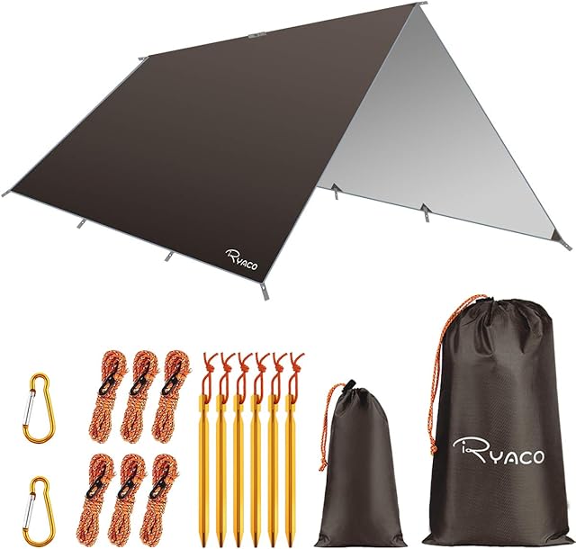 RYACO Hammock Rain Fly Tent Tarp, 3m x 4m Tarpaulin Portable Sunshade Lightweight Waterproof Groundsheet Windproof Camping gazebo Picnic Mat Anti UV Sun Shelter for Snow Camping Travel Beach (Coffee)