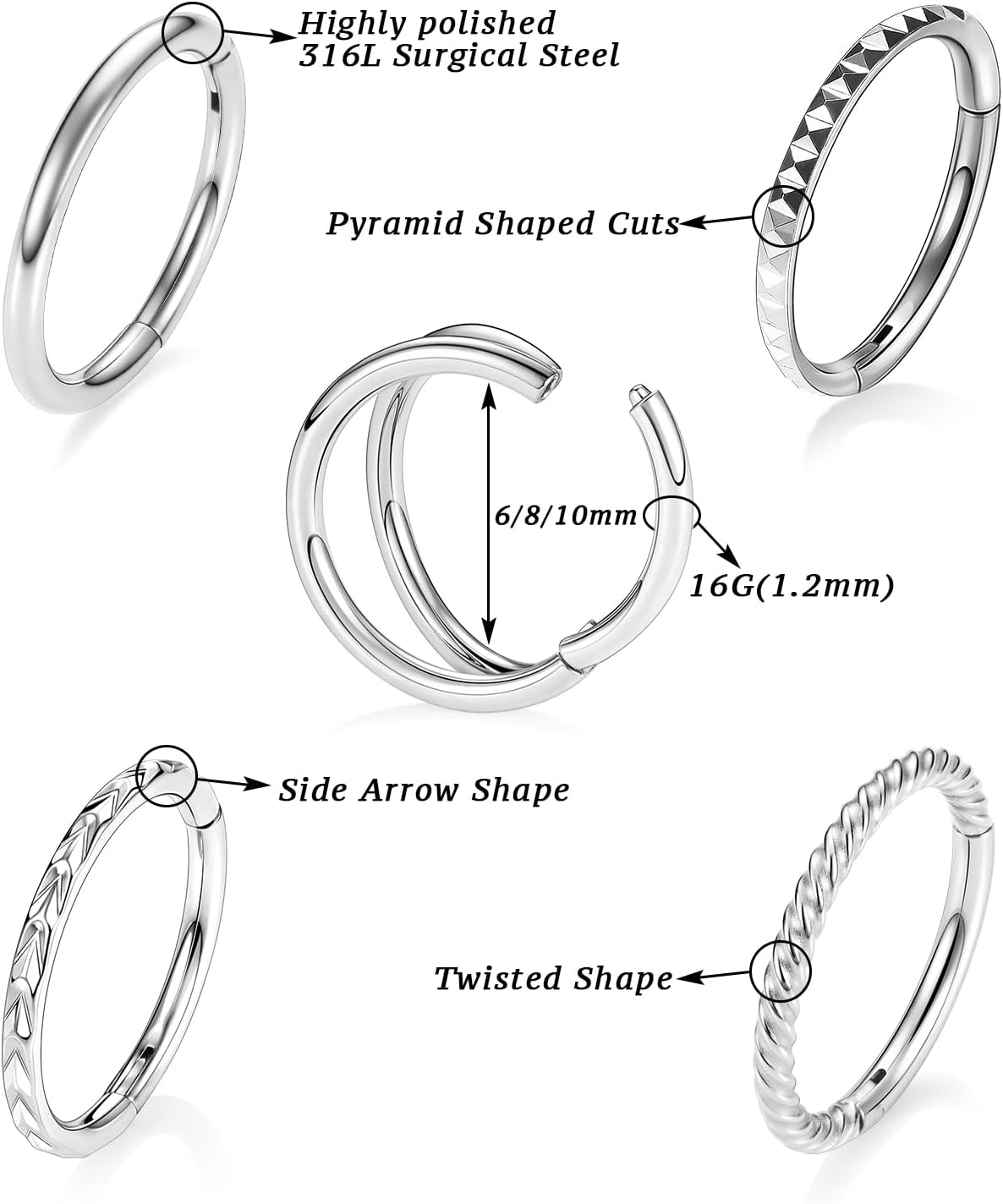 PEAKLINK 18G 16G Nose Hoop Rings Helix Cartilage Conch Earrings Surgical Steel Septum Jewelry Daith Rook Tragus Lip Lobe Nose Piercings 6 8 10mm - Image 2