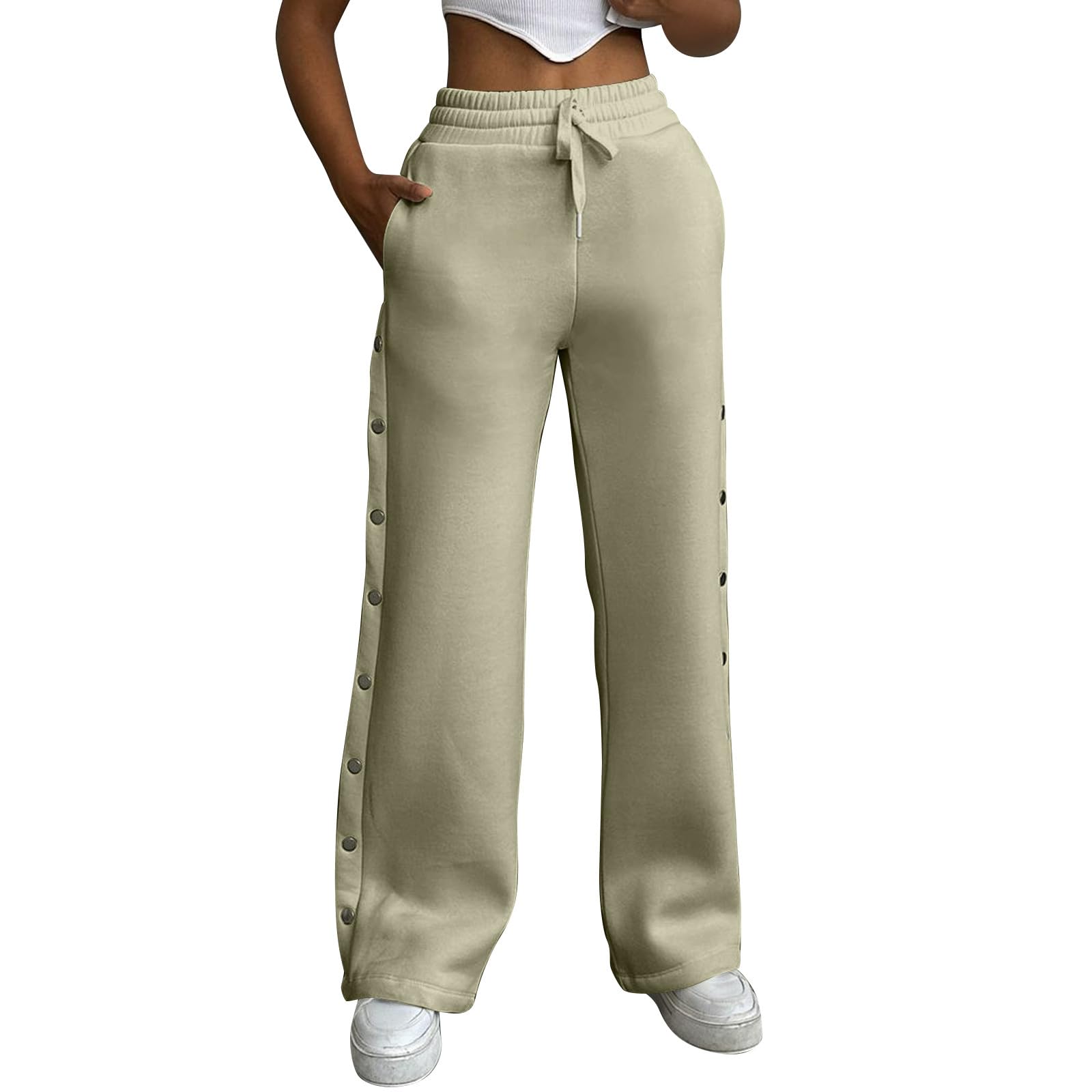 FUPODD Jogginghose Damen Baggy Sporthose Frauen Lang Breites Bein Sweatpants Lockere Gerades Bein Freizeithose Mit Knöpfen An Der Seite Trainingshose Fitness Laufhosen Kordelzug Hose Mit Taschen