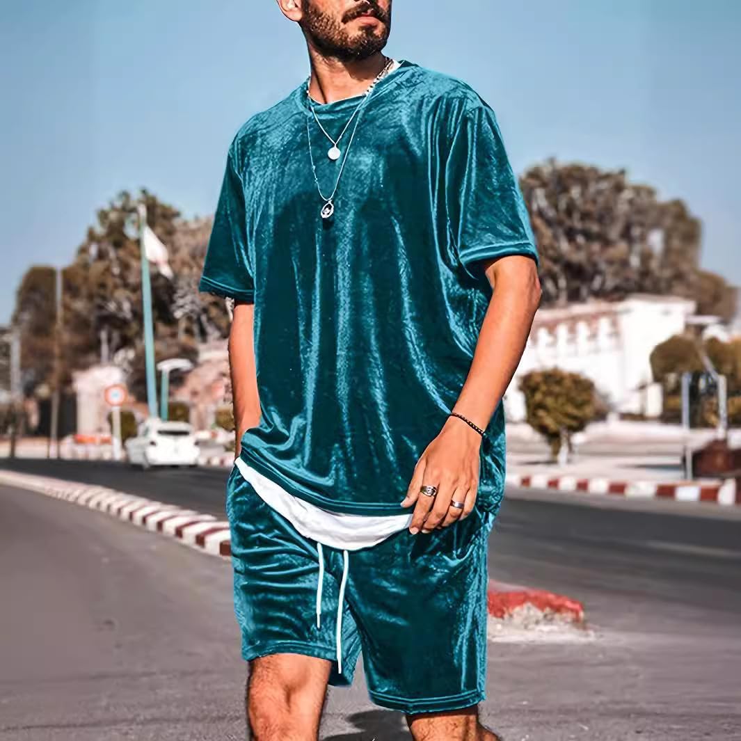 Men's street retro short sleeved shorts set, velvet short sleeved round neck shirt pullover sweatshirt