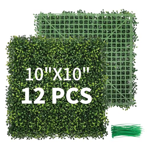 PROWORX Artificial Grass Wall Panels 10 x 10 12 Pack 4-Layer Leaf UV-Anti Fake Boxwood Grass for Indoor Outdoor Privacy Fence Screen Patio Balcony Greenery Backdrop Decor
