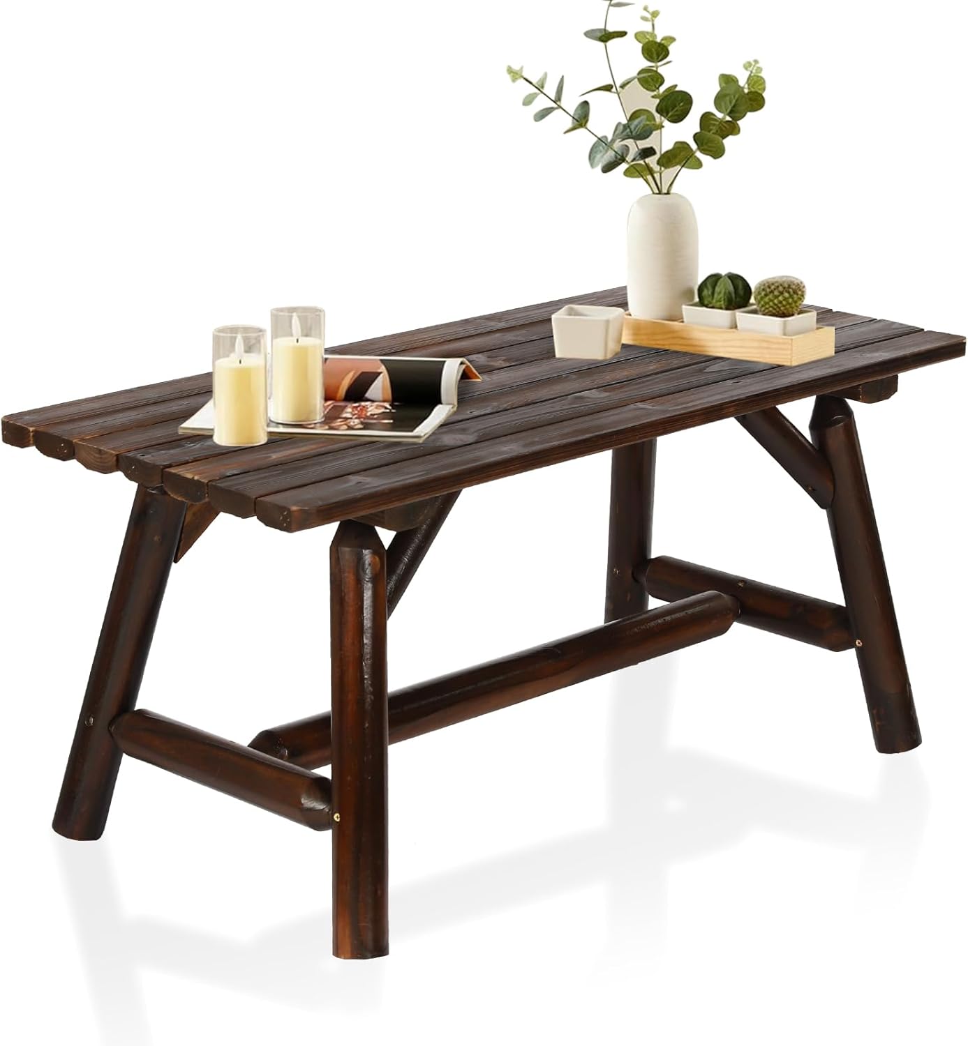 HOMEDIARY Wooden Adirondack Log Side Table, Cedar Wood Outdoor Rectangular End Table w/Slatted Tabletop, Oversize 41.5” Indoor Outdoor Patio Side Coffee Table for Garden Patio Backyard, Carbonized