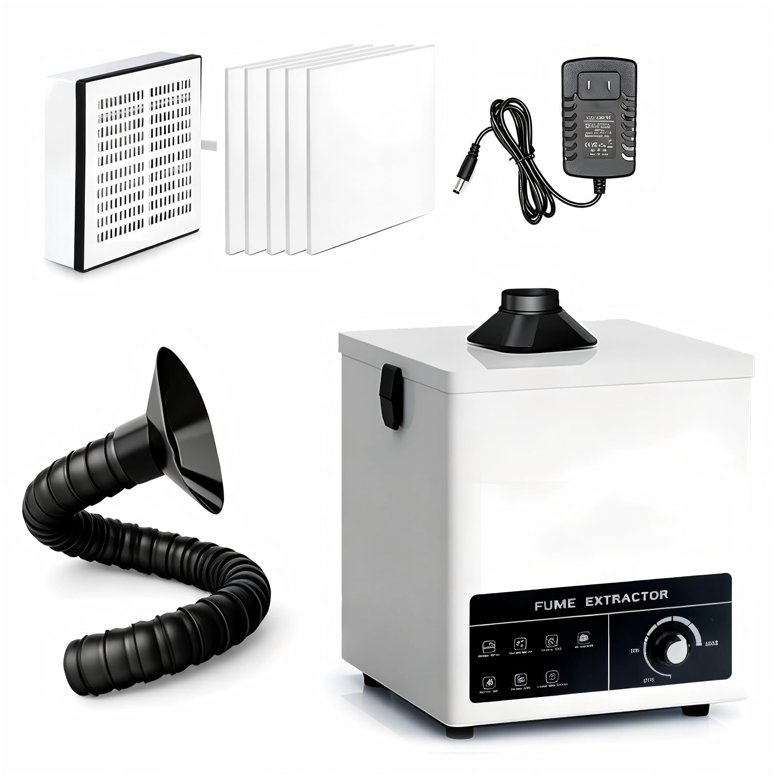 Aspiratore fumi saldatura 50 W con filtro a 3 stadi, estrattore fumi da banco 168 m³/h, purificatore per fumi di saldatura, vapori laser e polveri sottili (4 prefiltro di ricambio inclusi)