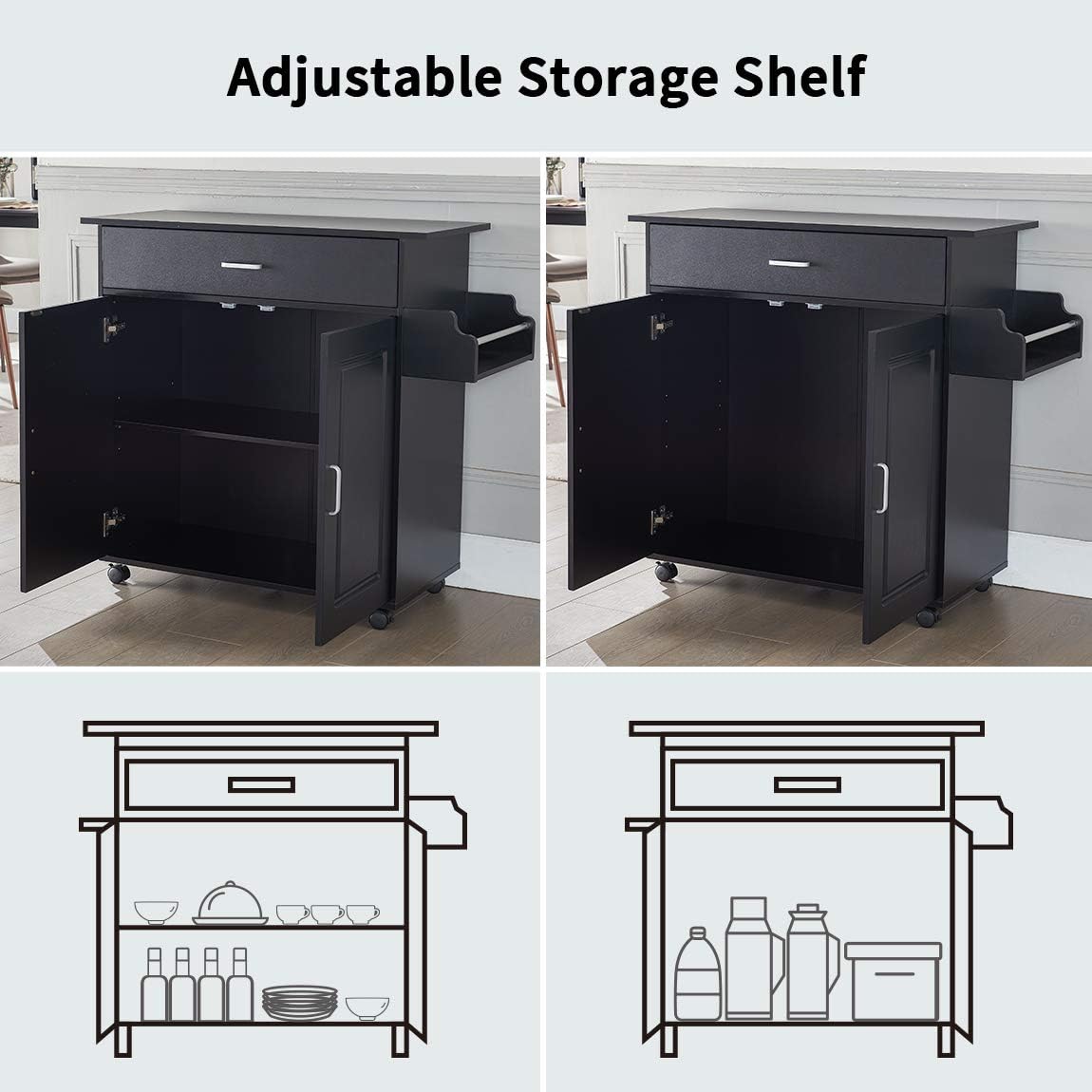 Kitchen Island with Storage on Wheels Kitchen Cart Trolley with Storage, Wood Top Kitchen Cart with Drawers, Buffet Cabinet, Storage Cabinet, Spice Rack for Kitchens Dining, Black - Storage Islands & Carts