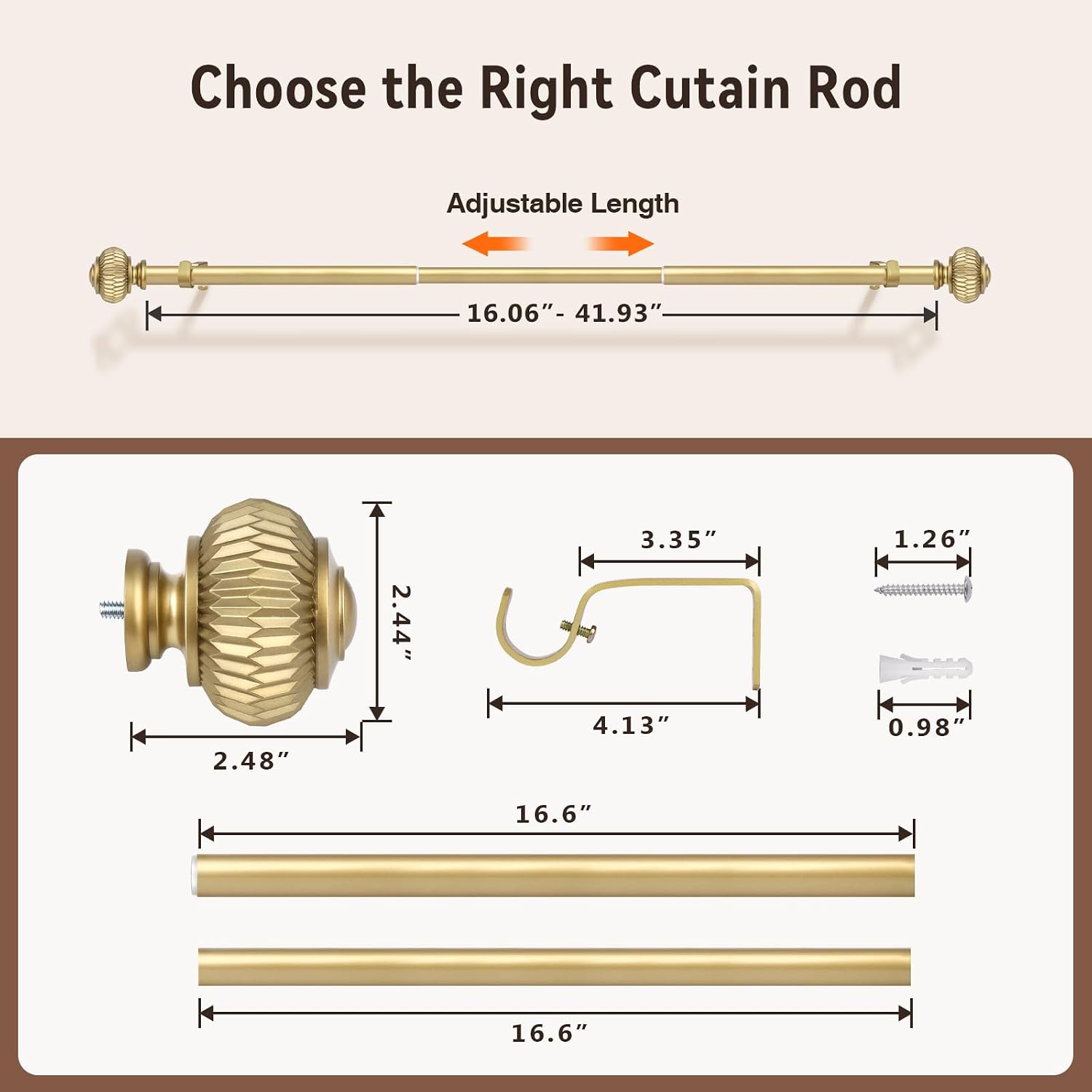 KNOBWELL 2 Pack 1" Inch Gold Tension Rods for Windows, Single Window Rod with Stylish Lantern Finials, Adjustable Gold Cafe Window Rods from 22 to 42 Inches