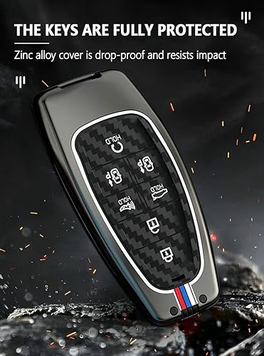 Miniatura 5 de Funda de metal para llavero Hyundai, protector de llavero inteligente compatible con Tucson Santa fe Sonata 2020-2024 (HYJ7-fibra de carbono)