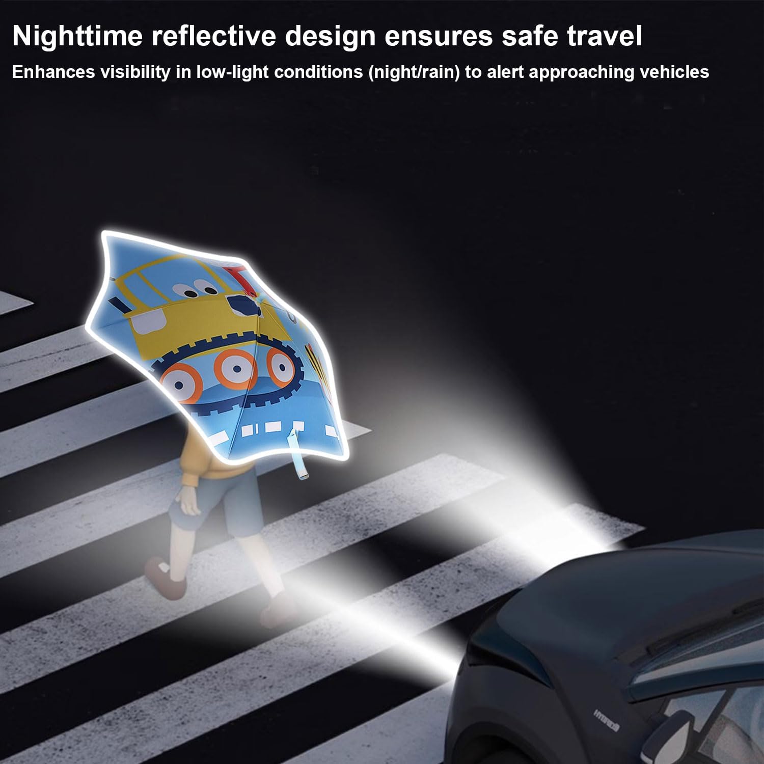 Kids UV and Rain Umbrella Sun Protection With Round Edges for Boys Girls Toddlers Easy Grp Curved Handle Stick Umbrella with Reflective Strip - Image 4