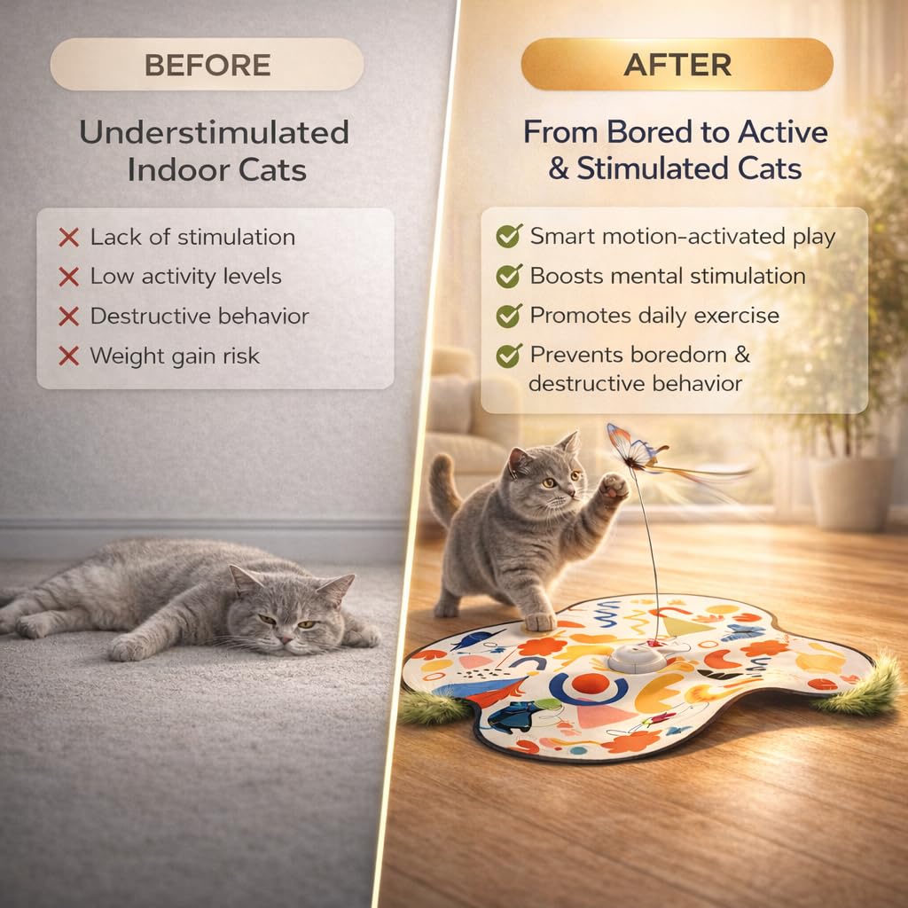 Pet's Var Jouets interactifs pour chats d'intérieur – Jouet pour chat à activation automatique du mouvement avec baguette mobile, son de papillon et de souris, jouet d'exercice rechargeable pour chats