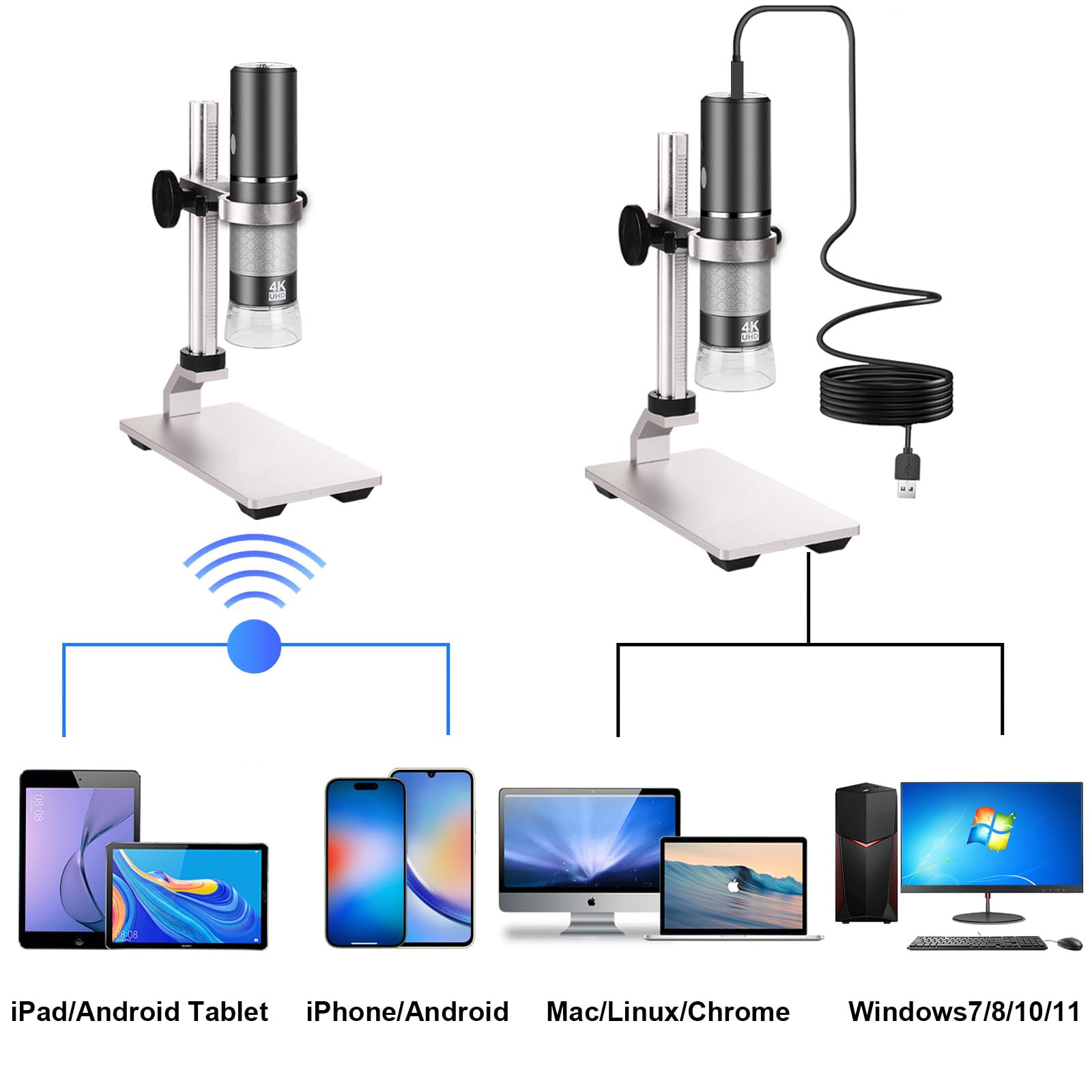 Mikroskop Mostanne 4K z metalowym uchwytem Pro, aparat cyfrowy mikroskop o rozdzielczości 3840 x 2160, powiększenie 50X do 1000X, kompatybilny z tabletami iPhone Android Mac Chrome Linux i Windows