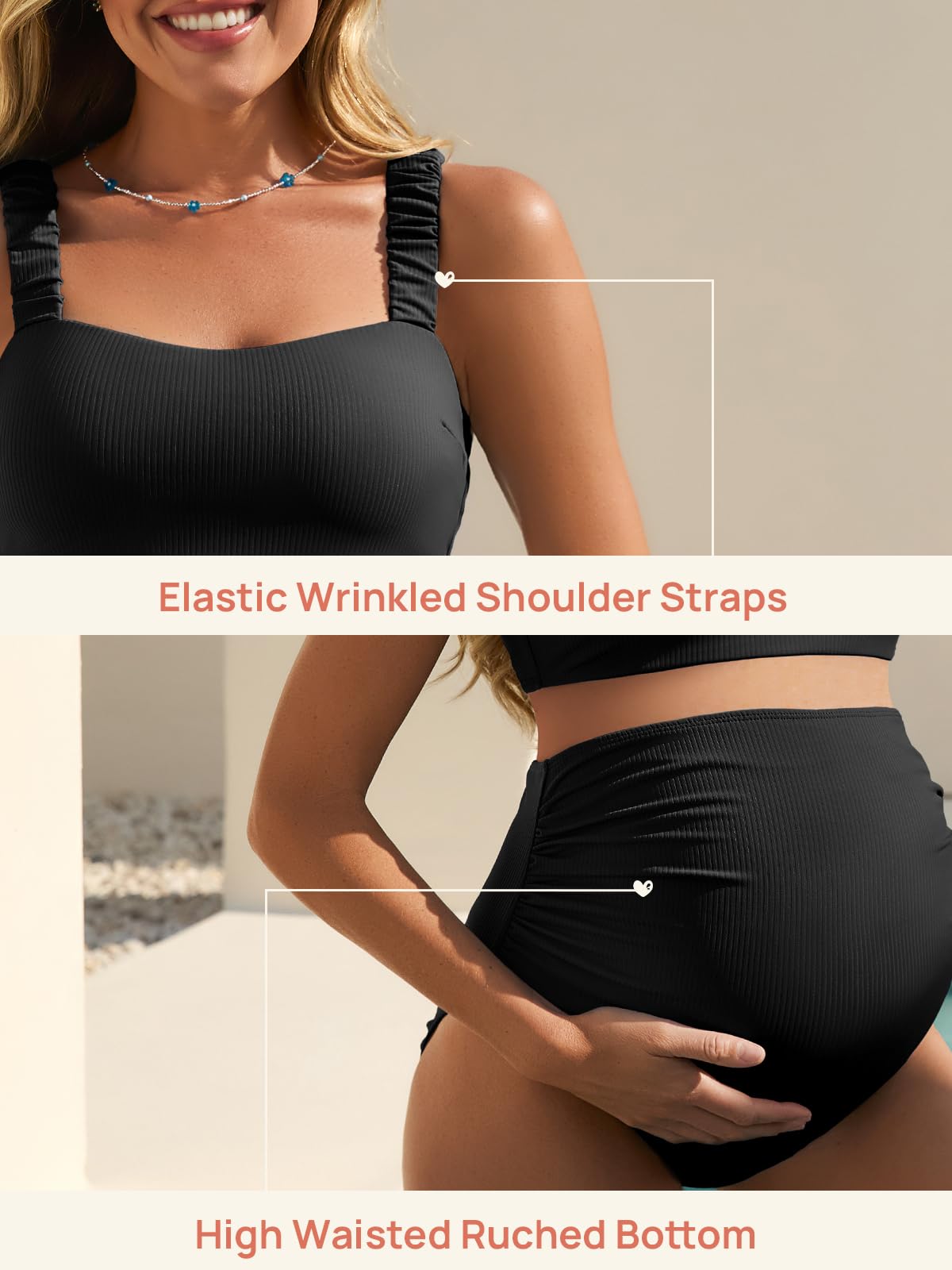 Summer Mae Gerippter Schwangerschafts-Bikini, Badeanzug für Damen, hohe Taille, zweiteiliger Badeanzug, bauchfreies Oberteil, Schwangerschaftsbademode