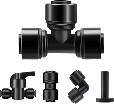 45 Pack Quick Connect 1/4" Drip Tubing Irrigation Fittings Kit Universal 1/4 Drip Irrigation Tubing Connectors Leak Free Fitting Set Includes 10 Tee 10 Coupling 10 Elbow 10 End Cap 5 Shut Off Valve