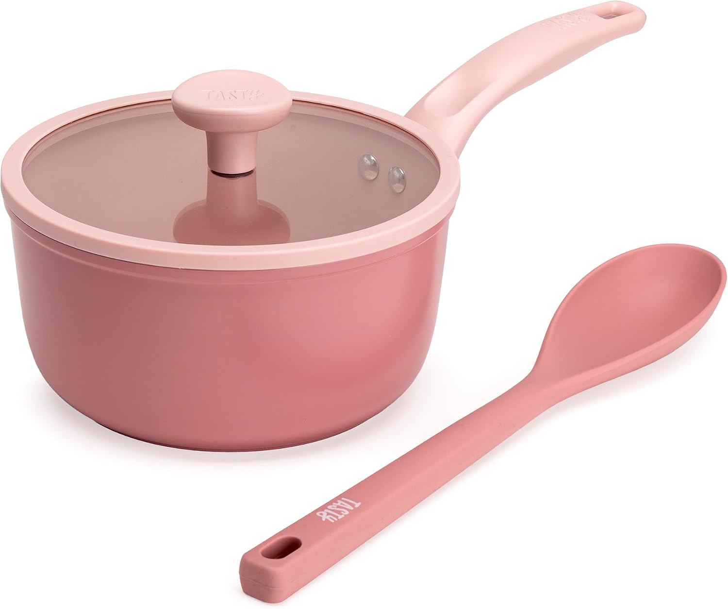 Tasty Ceramic Saucepan with Glass Lid, Silicone Spoon, Healthy Nonstick, Sauce Pot, Even Heating, Easy to Clean, Made without PFAS, PFOA, PFOS and PTFE, Dishwasher Safe, 2-Quart. 3-Piece Set, Pink