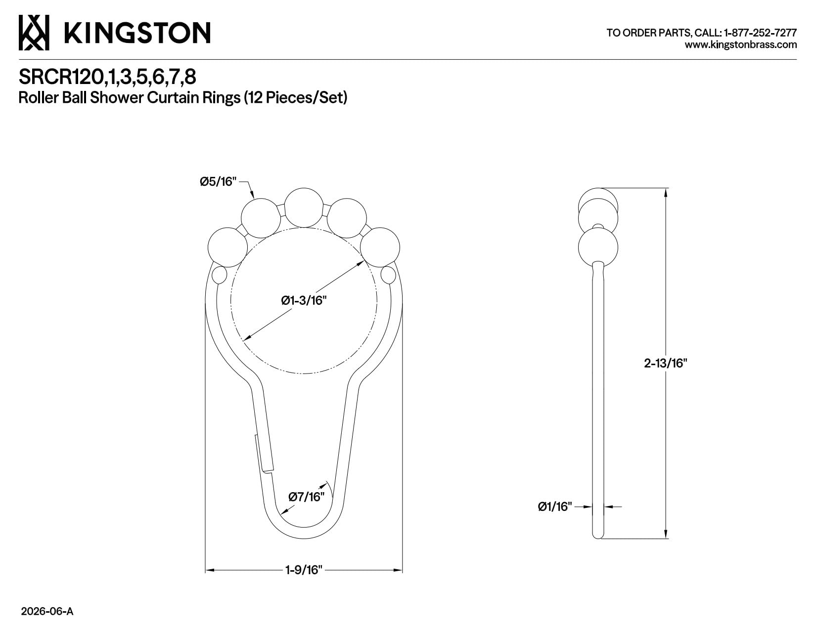 Kingston Brass SRCR120 Anillos de Cortina de Ducha (12 Piezas/Juego), Matte Black, 2-13/16 inch Length