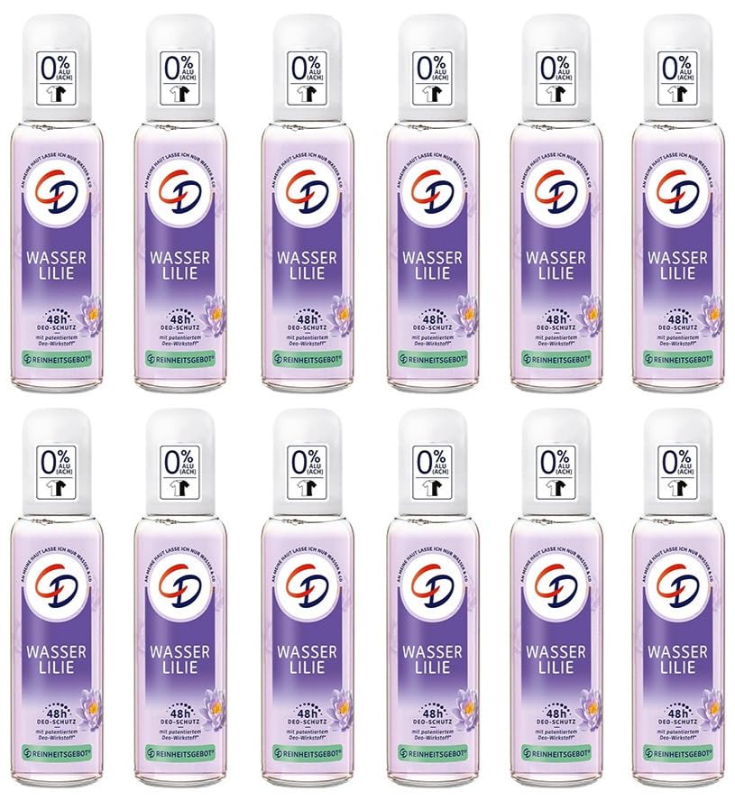 12x CD Deo Zerstäuber/Pump Spray Wasserlilie Deodorant 48h Schutz Deodorant ohne Aluminiumsalze (ACH) 48h langanhaltender Schutz für empfindliche Haut geeignet vegane Körperpflege,75ml (12er Pack)
