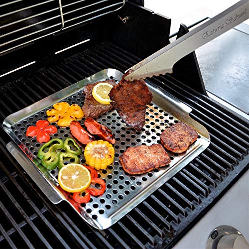 Grill Pan, Stainless Steel Grill Topper Heavy Duty Bbq Grill Wok With Handles Vegetables Grill Basket Outdoor Grill Accessories Cookware Grill Utensils For Barbecue Cooking #TOP5