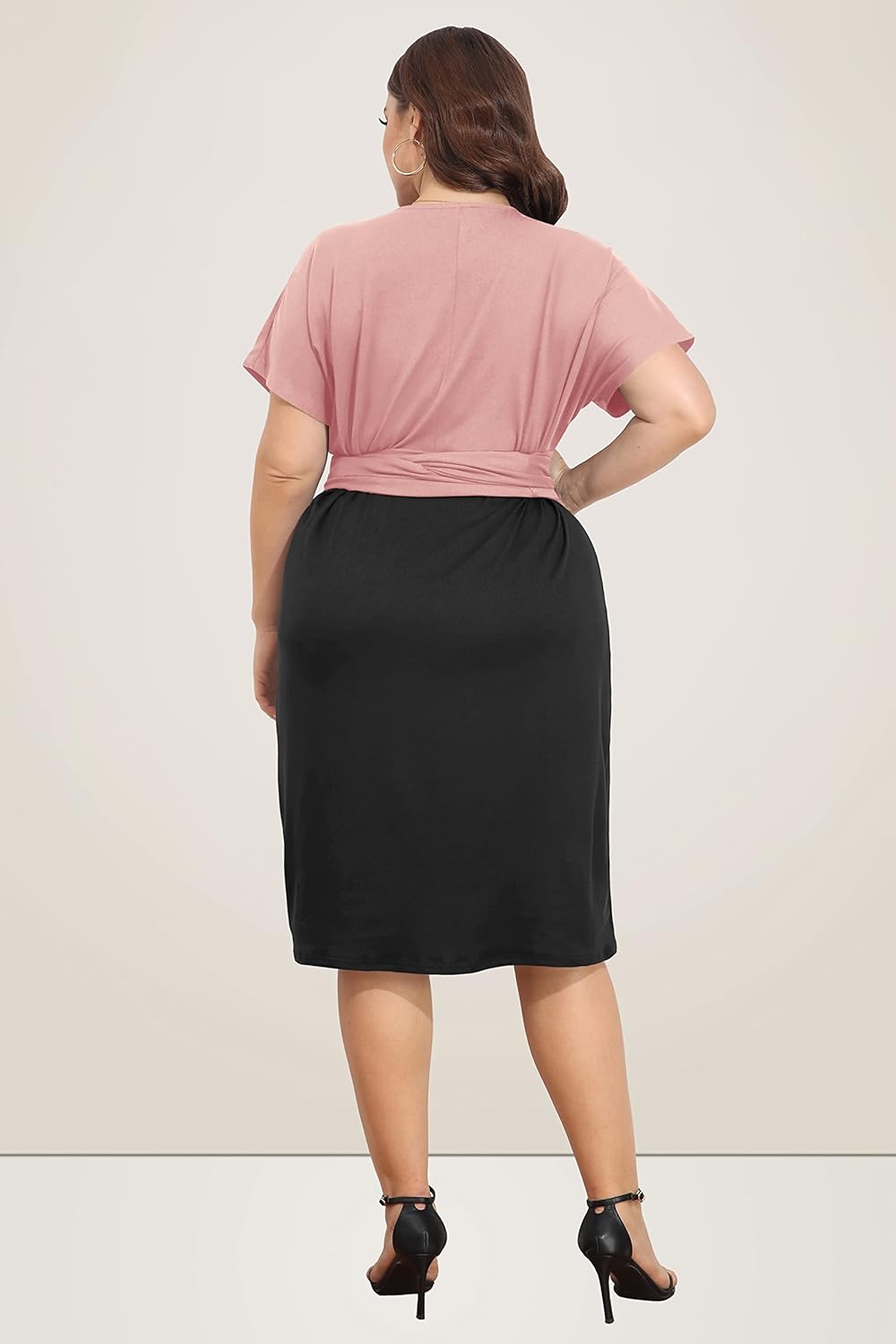 Pinup Fashion Plus Size Dresses for Women Wedding Guest Short Sleeve Tie Front Waist Belted Pencil Work Knee Dress - Image 5