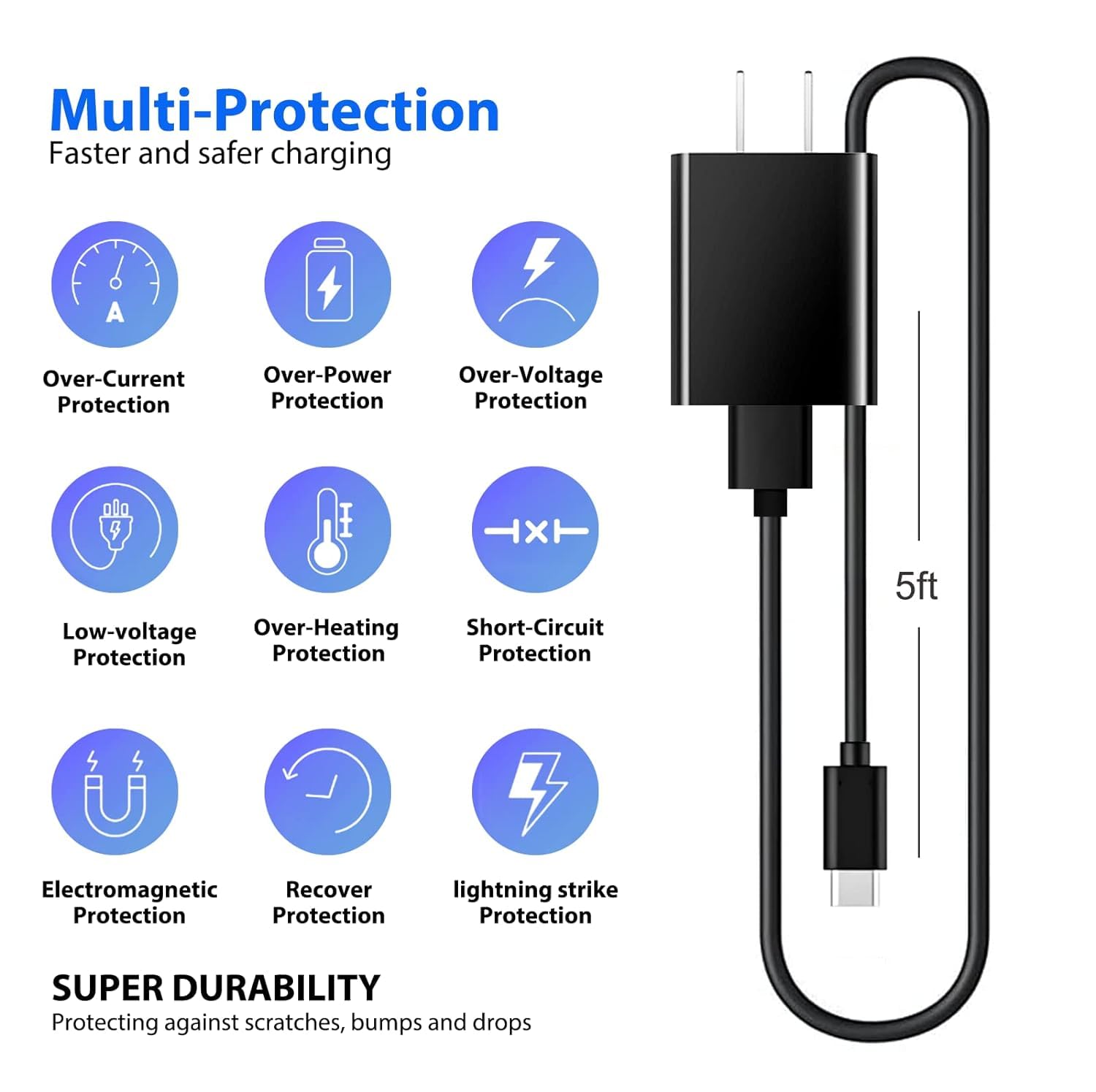 Cable de carga QC3.0 de pared rápida de 20 W para Motorola G Power (2020/2021/2022), G Stylus (2020/2023), Moto One 5G UW Ace, Edge/Edge+, G200 G100 G41 G71 G60s G30 G10 GG51 GGG7 Z3 Z2 Z4 Teléfono