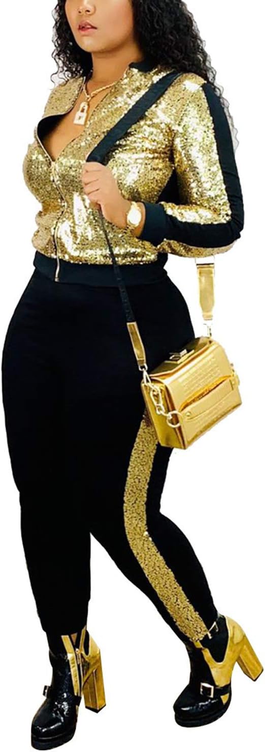 SIAEAMRG Women 2 Piece Glitter Sequin Outfits Tracksuit, Jacket Tops Log Pants Sparkle Sweatsuit Club Wear