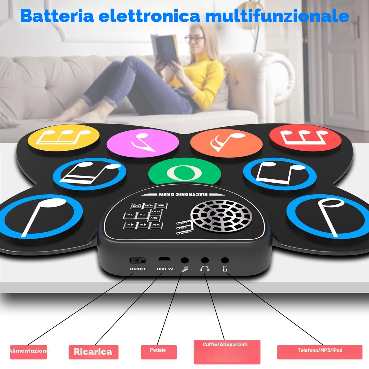 Batteria Elettronica per Bambini 9 Pad 7 Timbri 10 Demo 9 Ritmi
