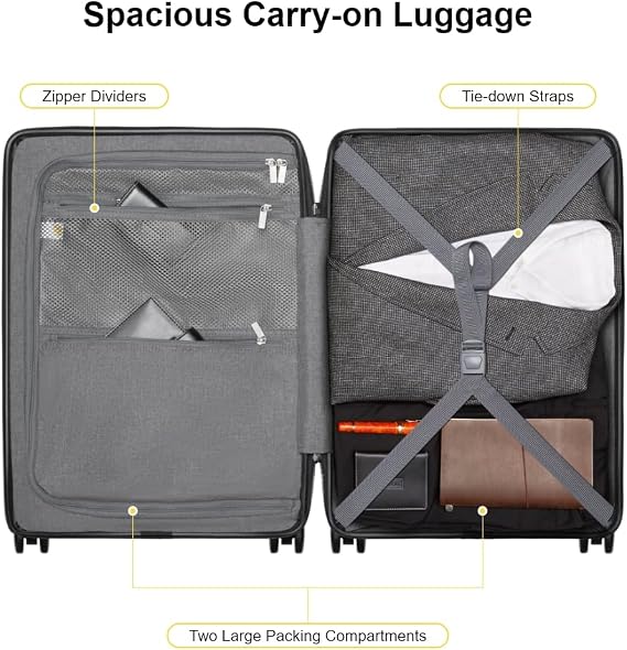 LEVEL8 Road Runner Carry On Luggage with Front Compartment, 20 Inch Lightweight Hard Shell Suitcases with Wheels Airline Approved, Tsa Locks for Luggage, Black,21.46 x 14.57 x 9.45