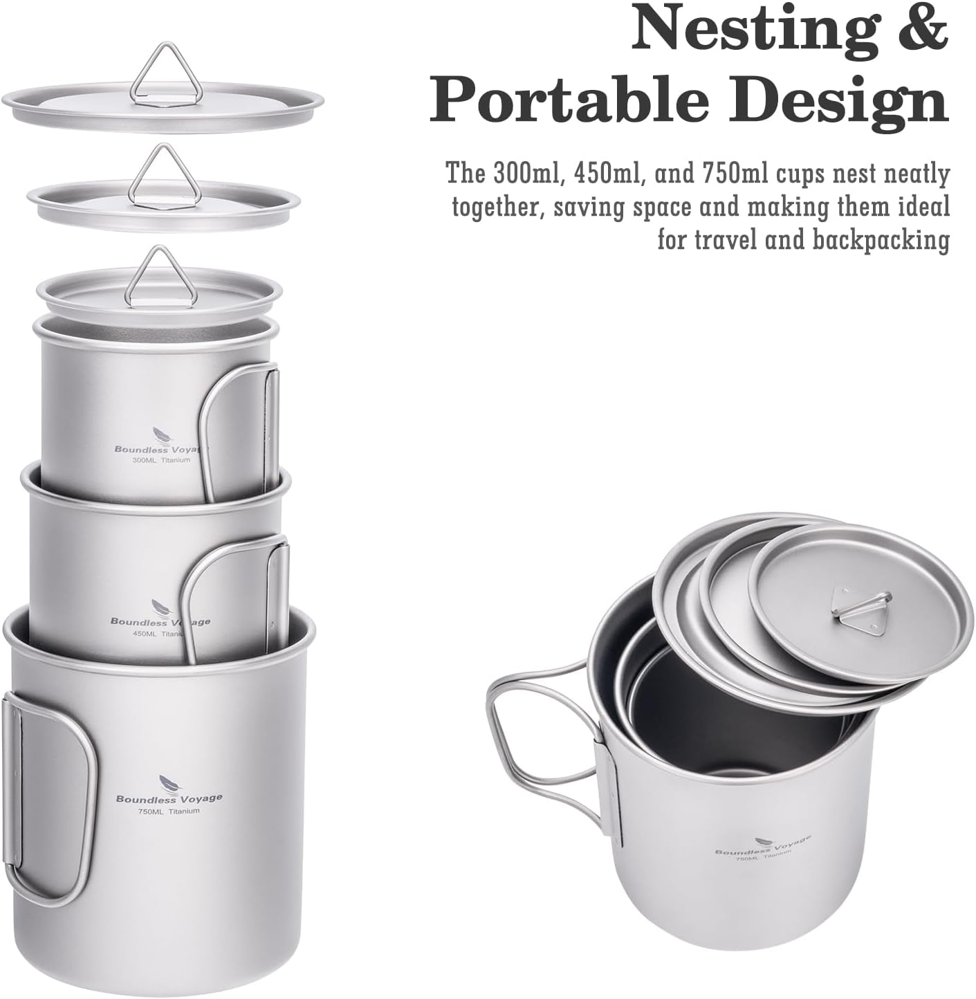 Boundless Voyage Titanium Camping Mug with Lid 300ml 450ml 750ml Lightweight Folding Handle Cup for Outdoor Backpacking Hiking Travel Durable Portable (3 Pcs Set)