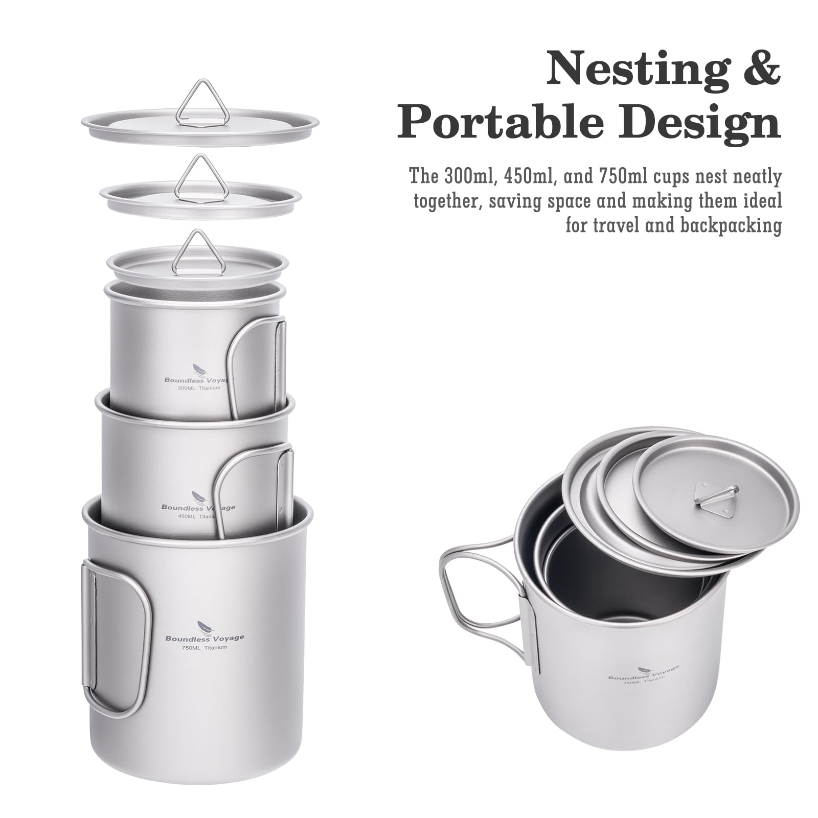 Boundless Voyage Tytanowy kubek z pokrywką na zewnątrz tytanowy lekki kubek do kawy na piesze wędrówki z plecakiem kemping (Ti3250D-300ML+450 ml + 750 ml)